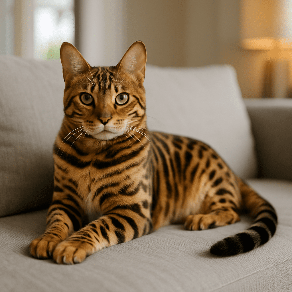 A Bengal cat sitting elegantly on a sofa, showing its distinctive spotted coat.