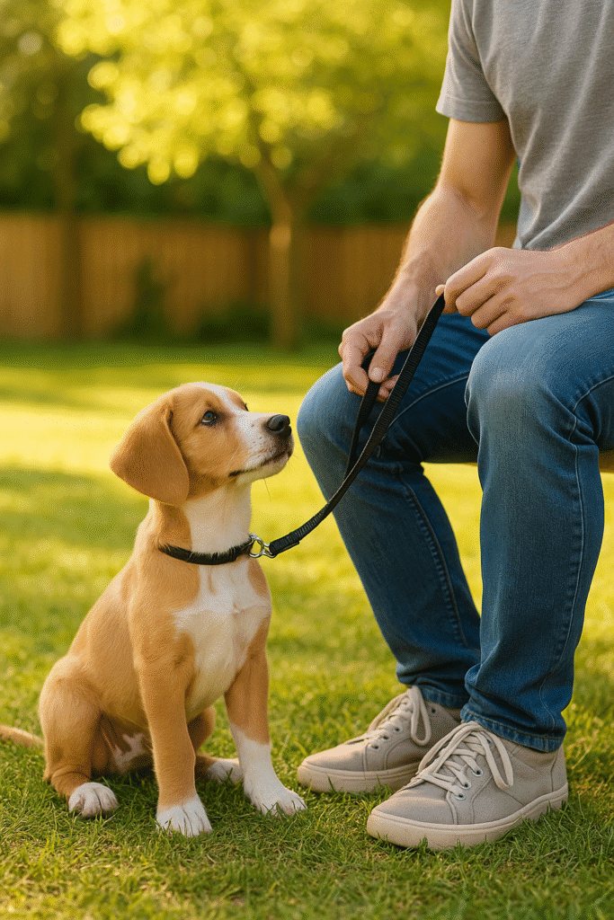 A calm puppy sitting beside its owner outdoors during leash training.