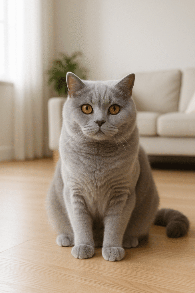 A British Shorthair cat sitting elegantly on a bright living room floor, showcasing its round face and plush coat.