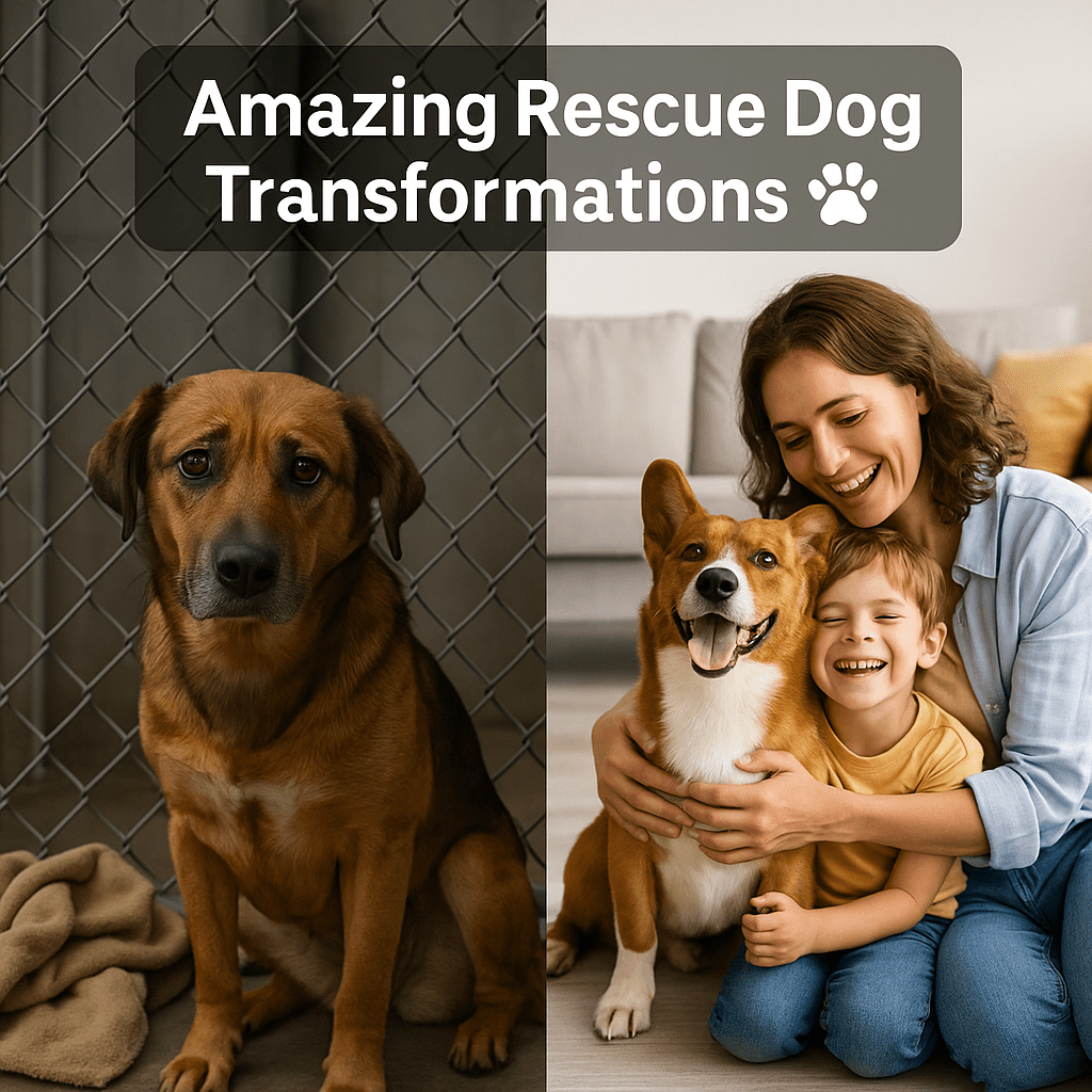 Before and after transformation of a rescue dog, from shelter life to a loving forever home.