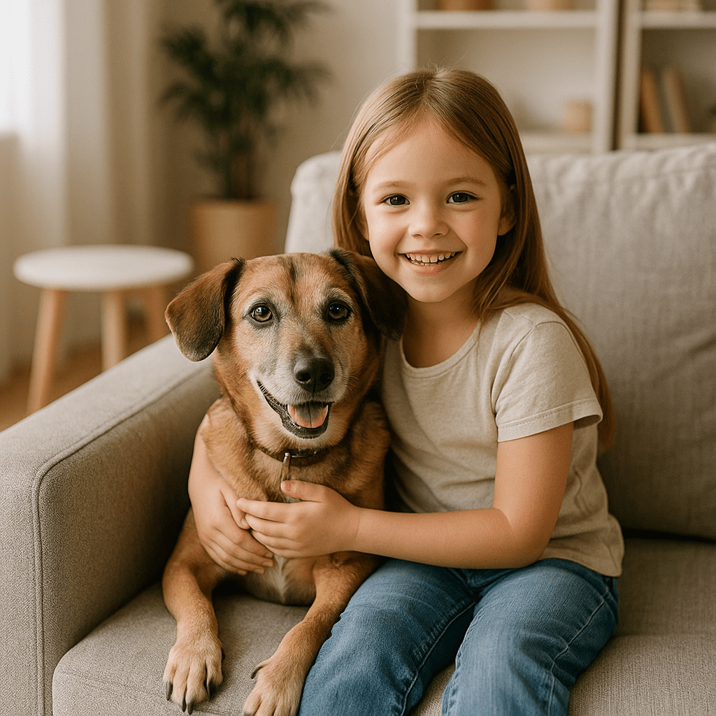 ChatGPT Image 2025년 8월 31일 오후 12_20_54 A child sitting in the living room with their newly adopted rescue dog, symbolizing a forever home.