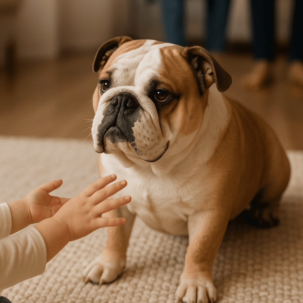 Bulldog temperament—gentle, people-oriented companion suitable for families with children