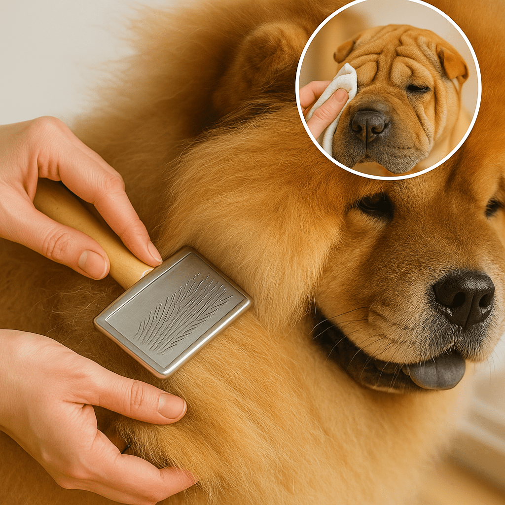 Shar Pei vs Chow Chow vs Bulldog grooming—line-brushing dense double coat and gently cleaning face folds
