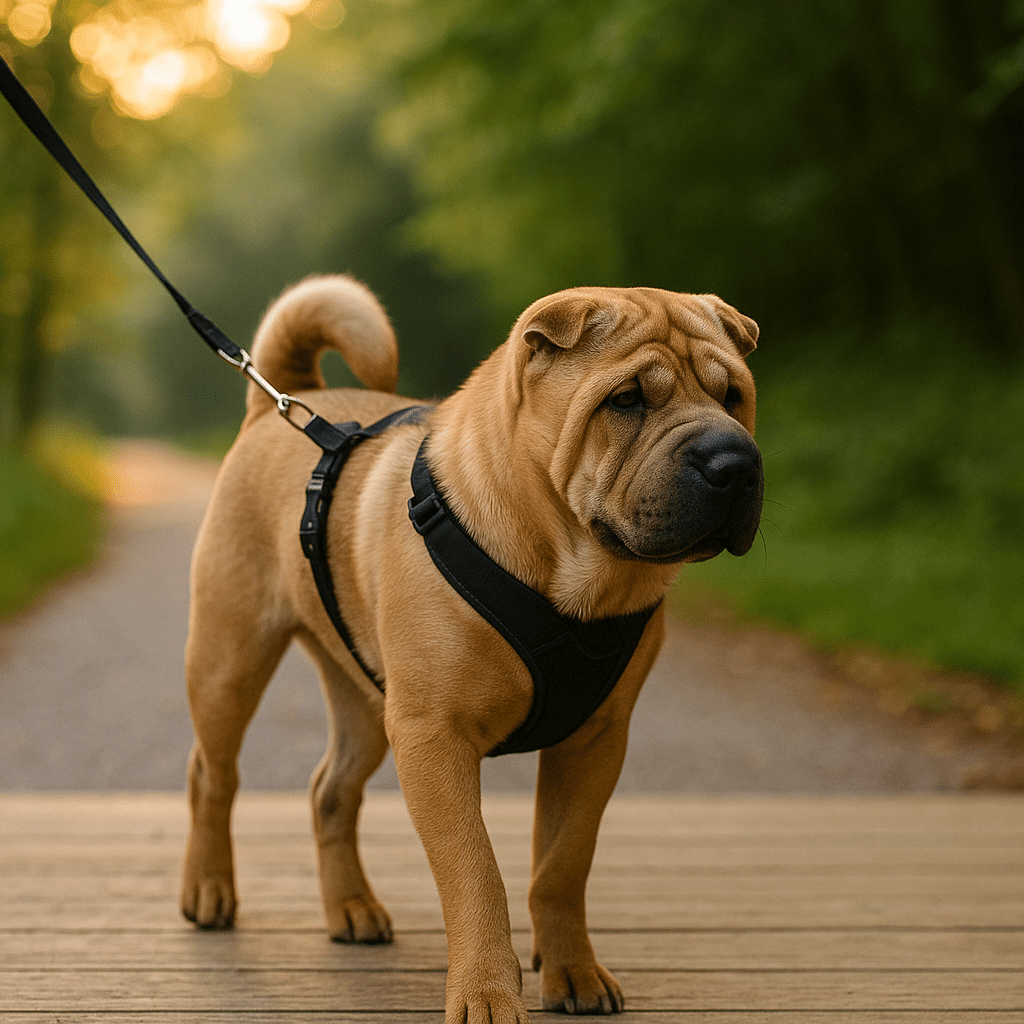 Short-muzzle dog exercise—Shar Pei on a shaded, slow walk with harness to avoid heat stress
