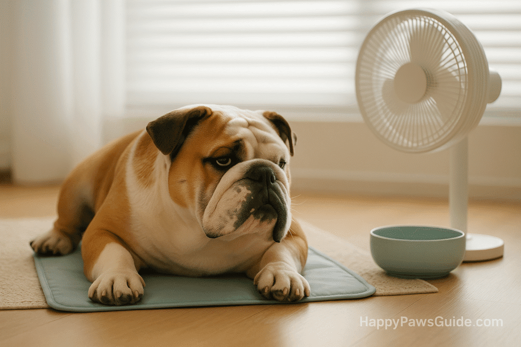 Brachycephalic safety—Bulldog cooling indoors with water and fan to manage BOAS and heat sensitivity