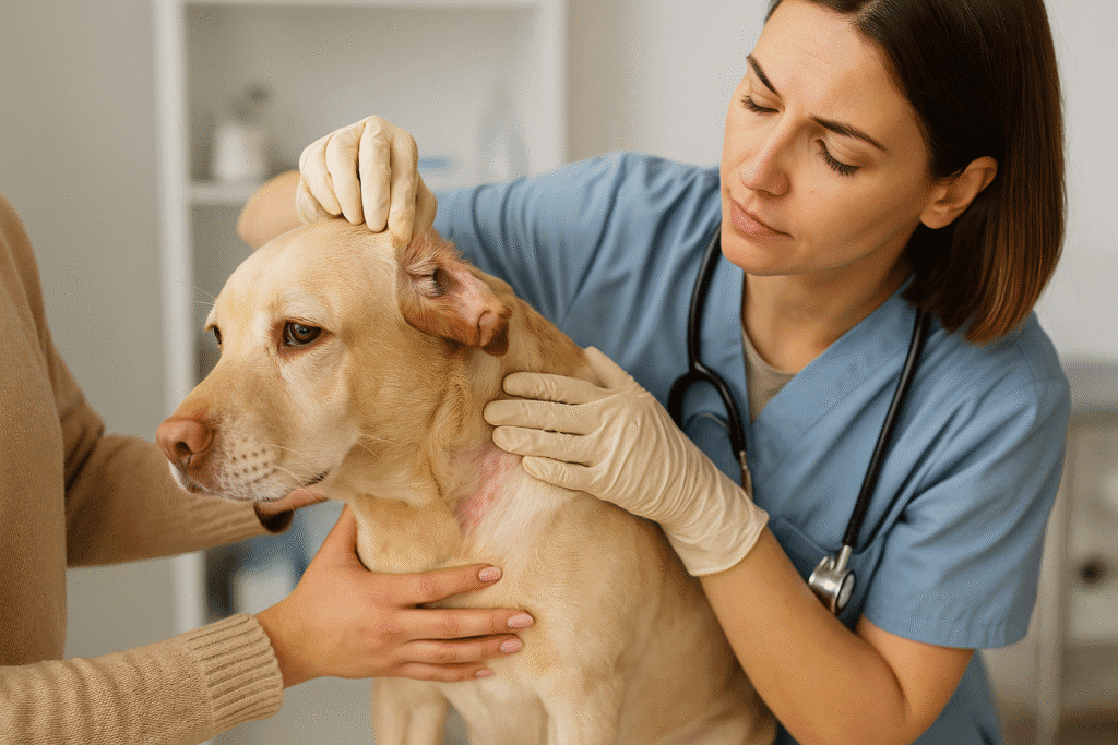Veterinarian examining a dog’s skin for signs of atopic dermatitis, showing care and treatment focus
