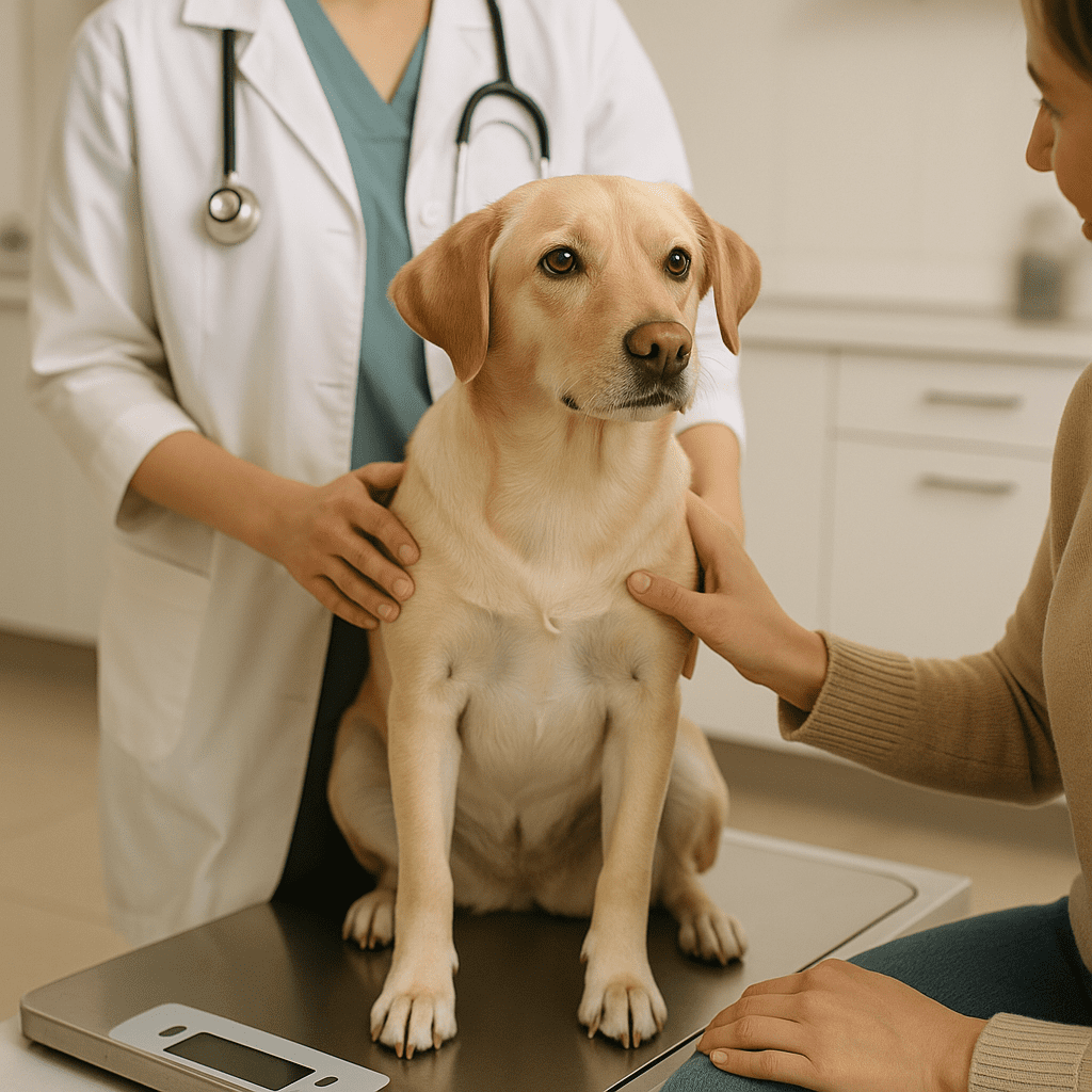 Dog calmly sitting on a vet’s scale with owner’s comforting hand, highlighting scale training benefits