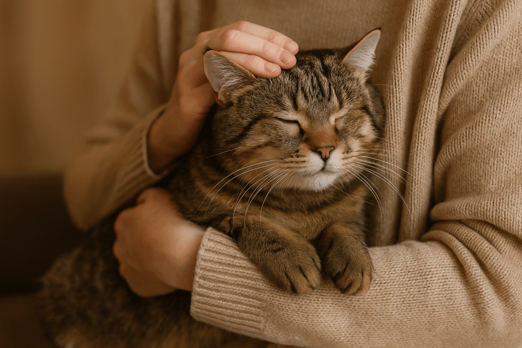 Blind cat being lovingly held by adopter, symbolizing a second chance at life and love