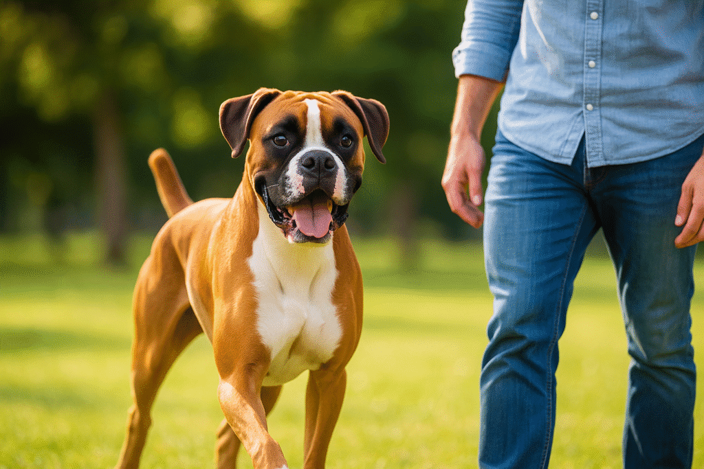 Boxer dog standing confidently outdoors, symbolizing energy, health, and loyalty