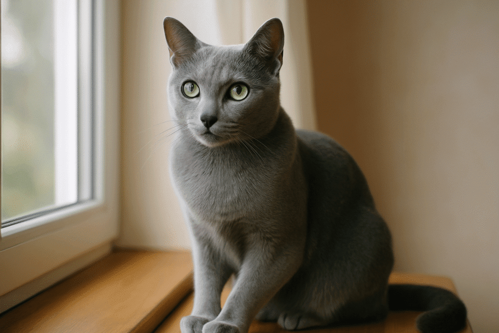 Russian Blue cat with silver-blue coat and green eyes sitting by the window, symbolizing elegance and calm personality