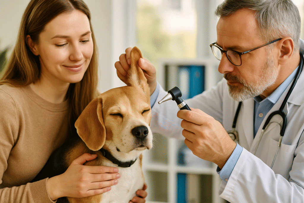 Veterinarian examining a dog’s ear while the owner comforts the pet, symbolizing care and prevention of ear infections
