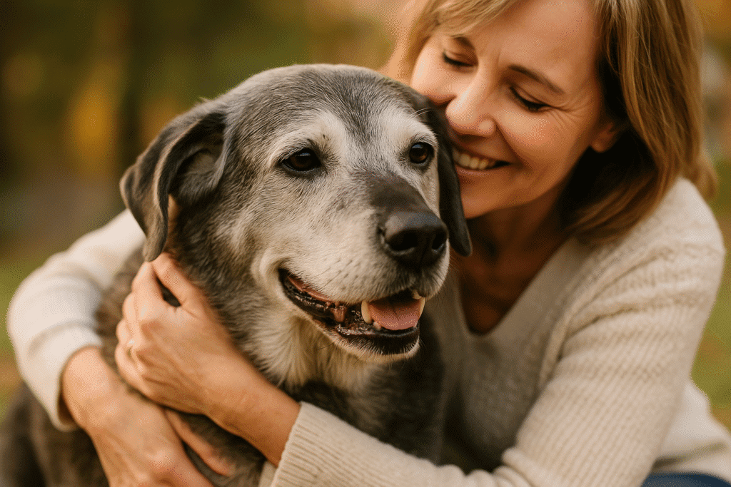 Senior Labrador mix dog embraced by a loving owner, symbolizing second chances and family reunion.