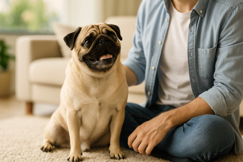 Happy Pug sitting beside owner, symbolizing love, care, and companionship.