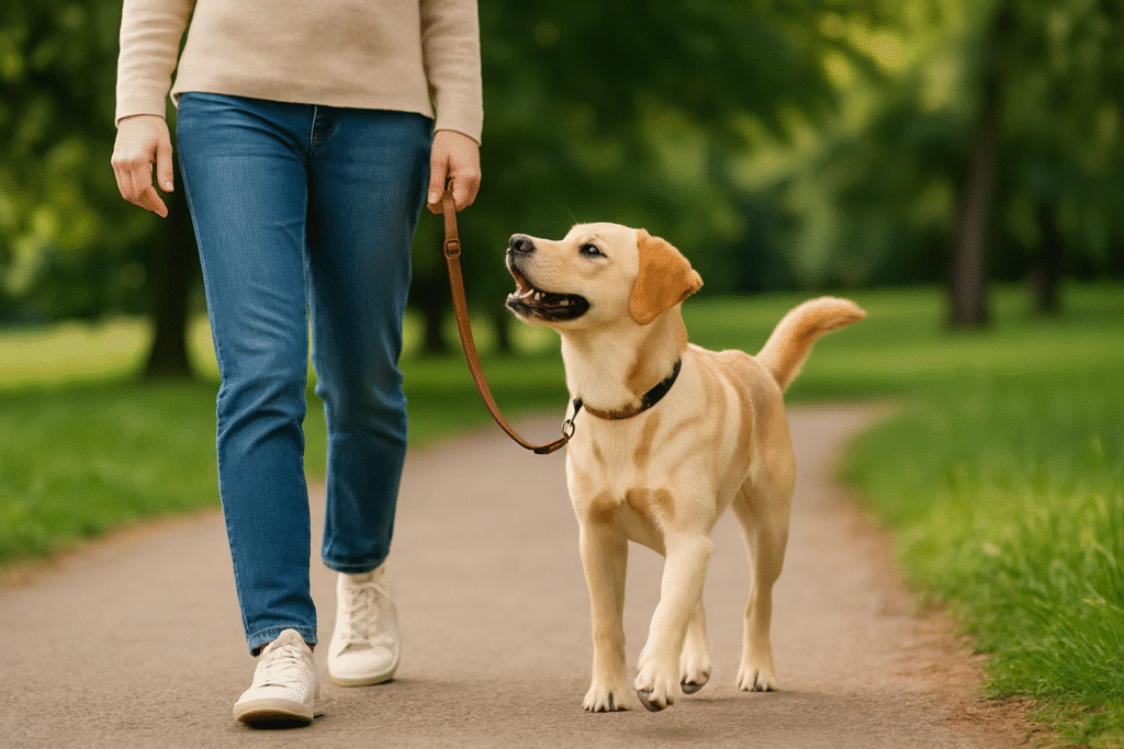 Dog calmly walking on a leash beside owner, symbolizing training and reduced reactivity.