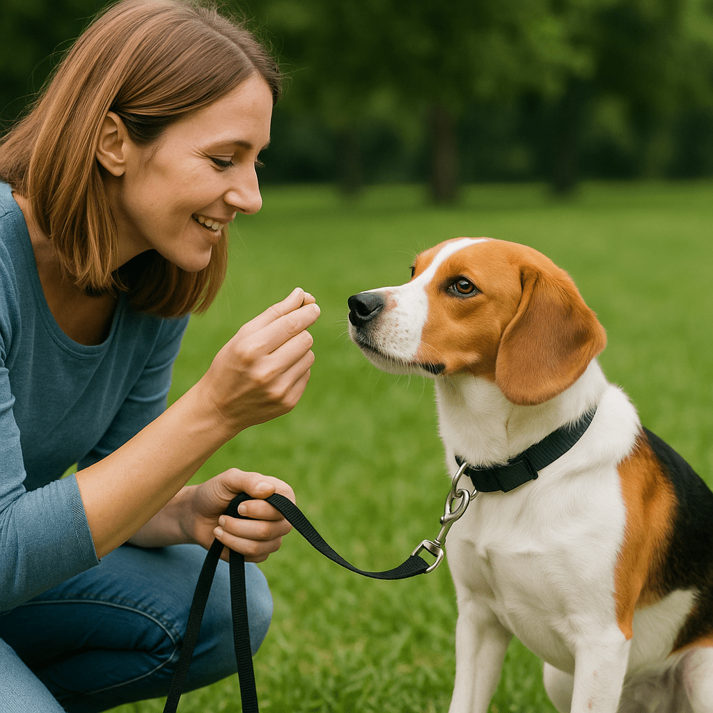 Leash Reactivity in Dogs
Owner rewarding dog with treat during leash training, showing positive reinforcement.