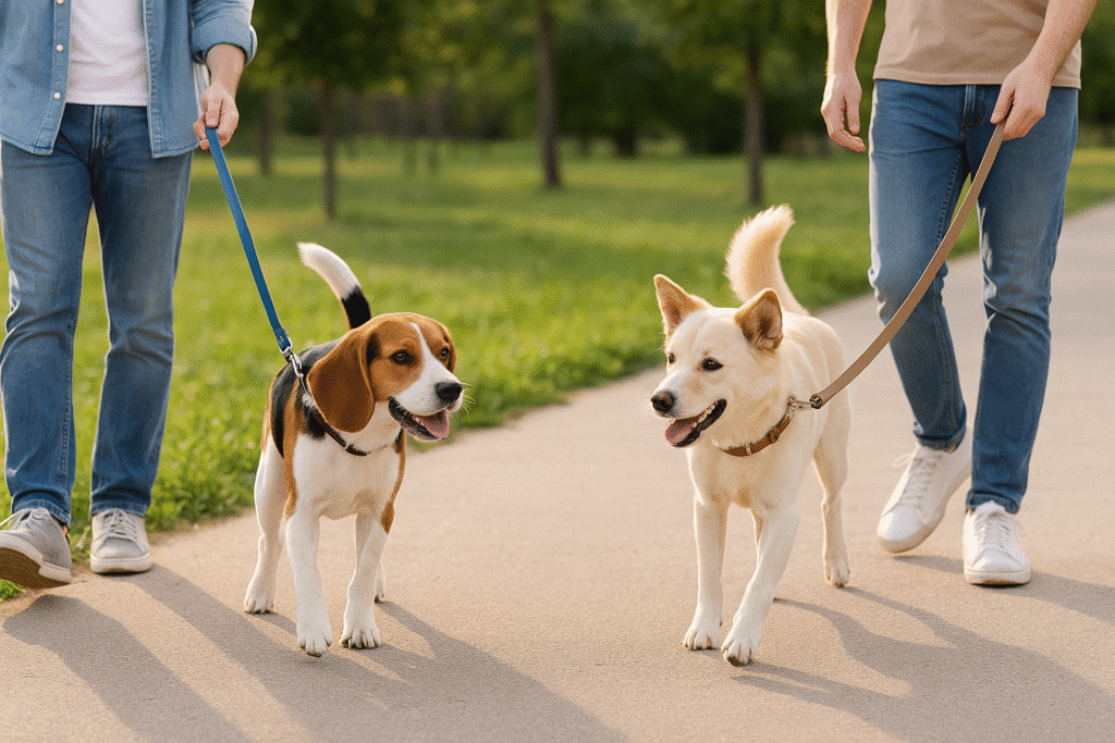 Leash Reactivity in Dogs
Two dogs walking parallel on leashes at a safe distance, practicing reactivity training.
