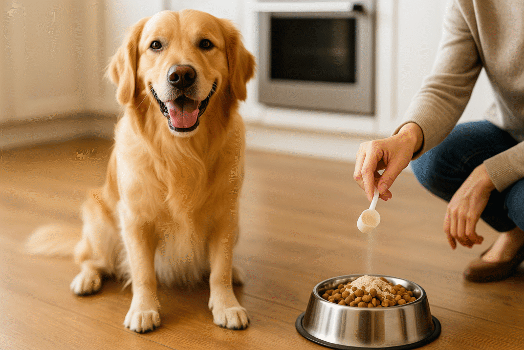 Happy dog sitting beside food bowl with probiotics sprinkled, symbolizing gut health and balanced nutrition.