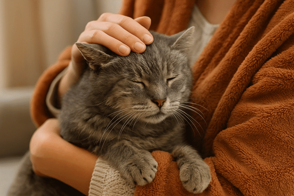 Rescued cat embraced by loving owner, symbolizing survival and second chances.