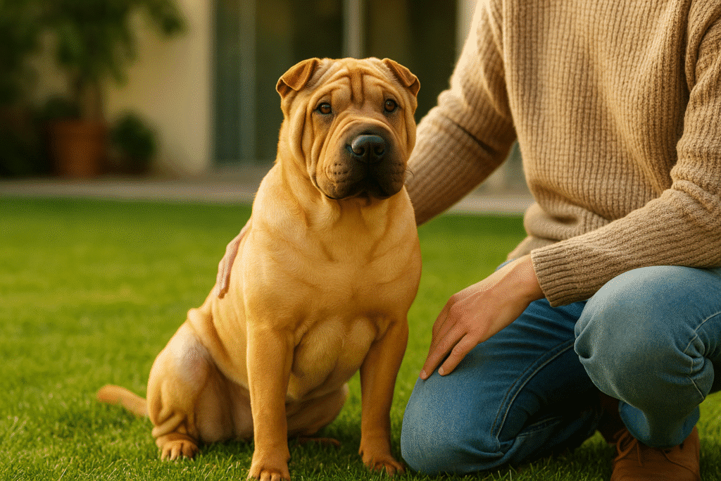 Healthy Shar Pei dog sitting beside owner, symbolizing loyalty, wrinkle care, and companionship.