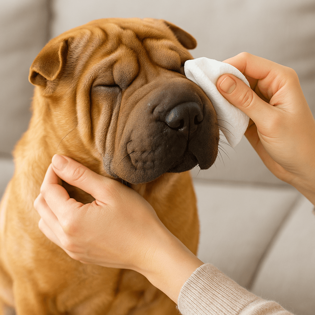 Shar Pei Dog Care Guide
Owner cleaning Shar Pei’s facial wrinkles to prevent infection.