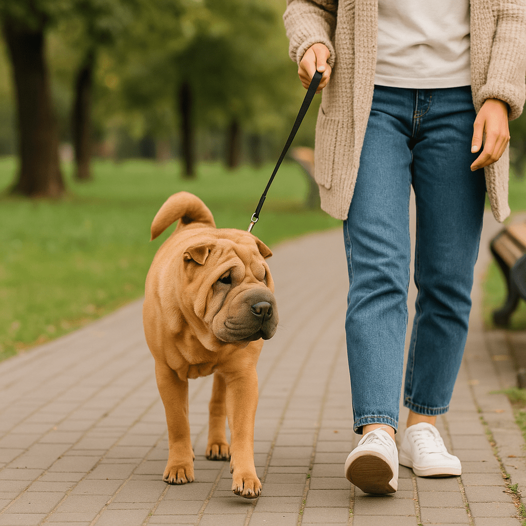 Shar Pei Dog Care Guide
Shar Pei walking calmly outdoors with owner, highlighting moderate exercise needs.
