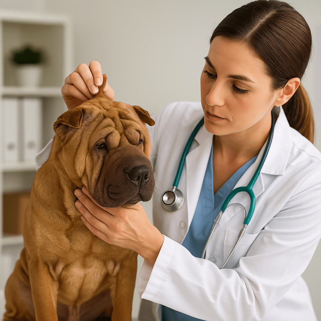 Shar Pei Dog Care Guide
Veterinarian examining Shar Pei during routine health check, emphasizing wrinkle and ear care.