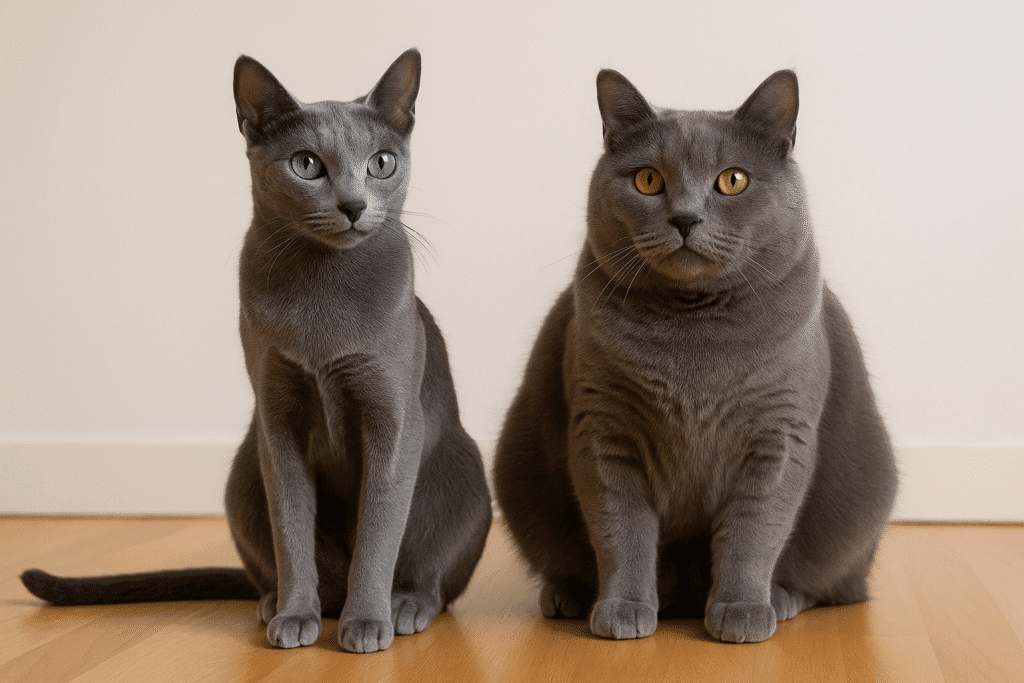 Russian Blue vs Chartreux
Side-by-side view of Russian Blue and Chartreux cats, showing differences in body shape and coat.