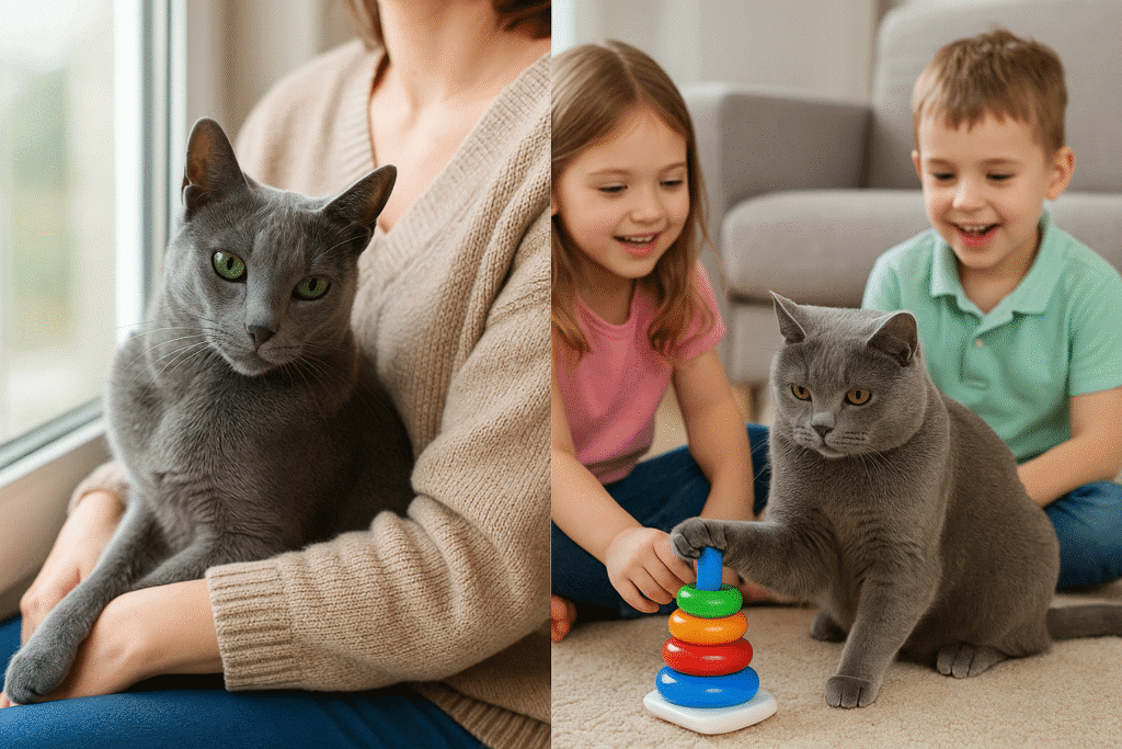 Russian Blue vs Chartreux
Russian Blue showing calm loyalty, Chartreux playing with children, symbolizing personality differences.