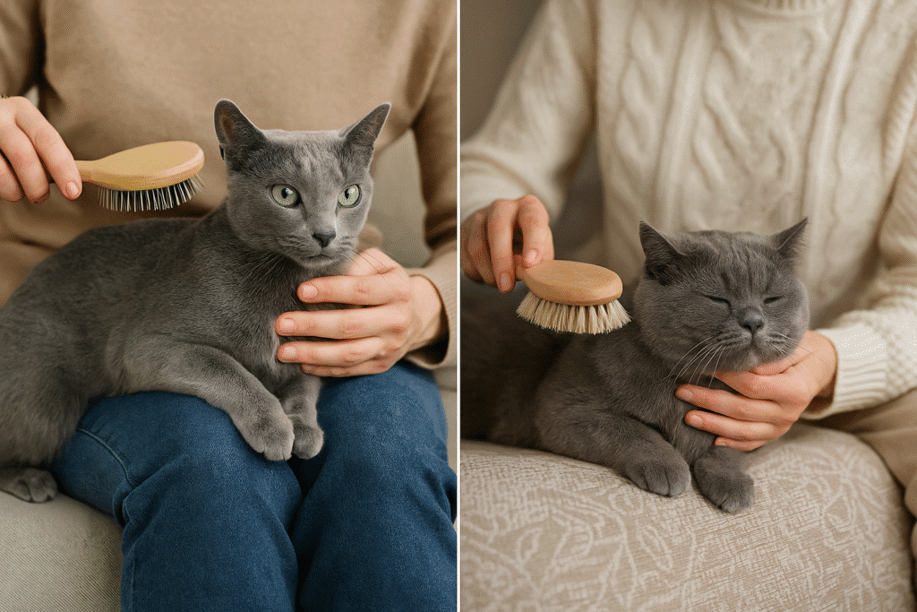 Russian Blue vs Chartreux
Owners grooming Russian Blue and Chartreux cats, emphasizing coat and health care.