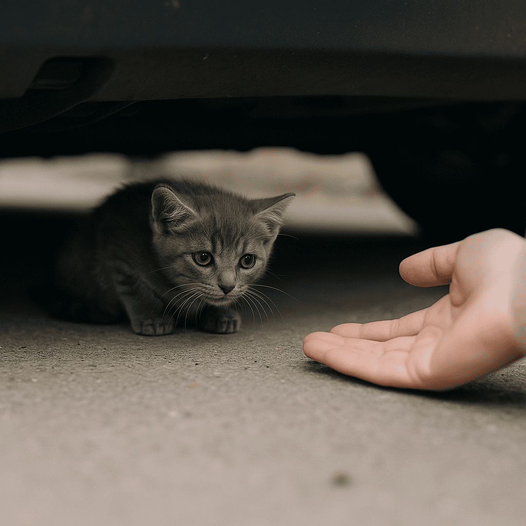 Abandoned Kitten Adoption Story
Abandoned kitten hiding under car, cautiously approached by rescuer.