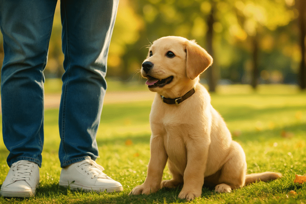 Puppy sitting confidently beside owner outdoors, symbolizing early socialization and trust.