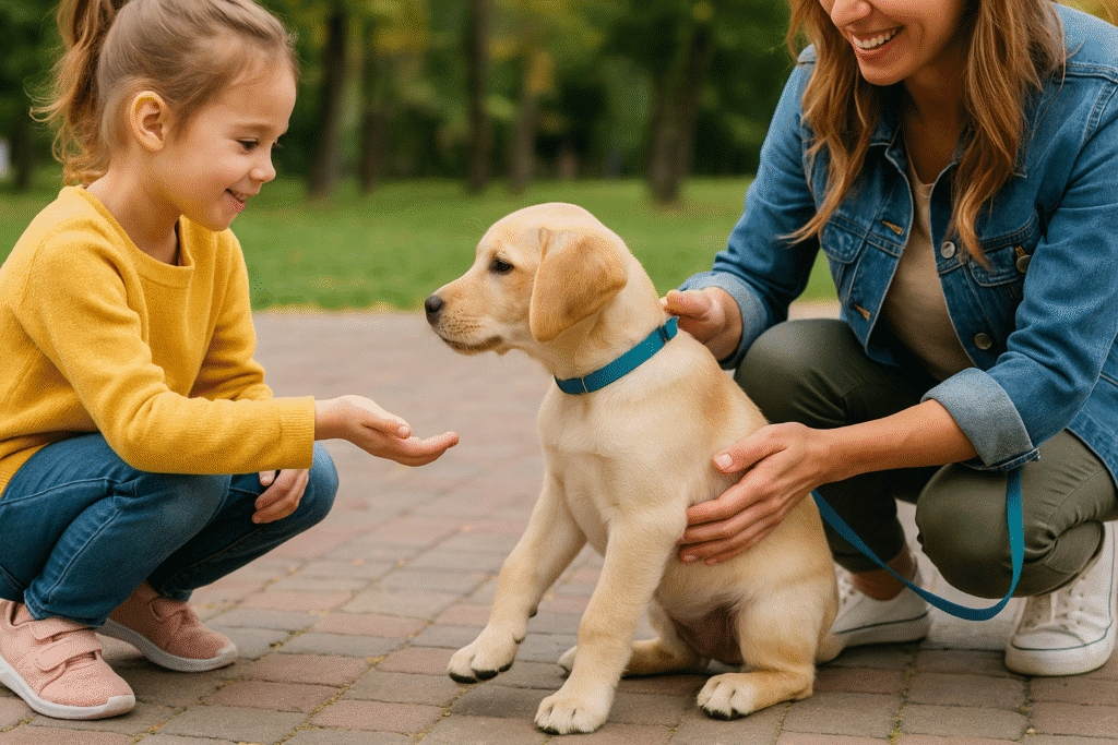 Puppy Socialization Checklist
Puppy greeting a child and adult, showing positive socialization with people.
