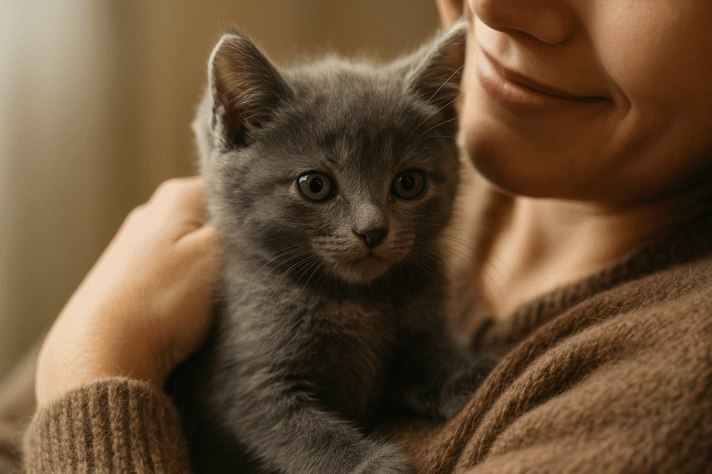 Rescued kitten embraced by loving owner, symbolizing trust, healing, and second chances.