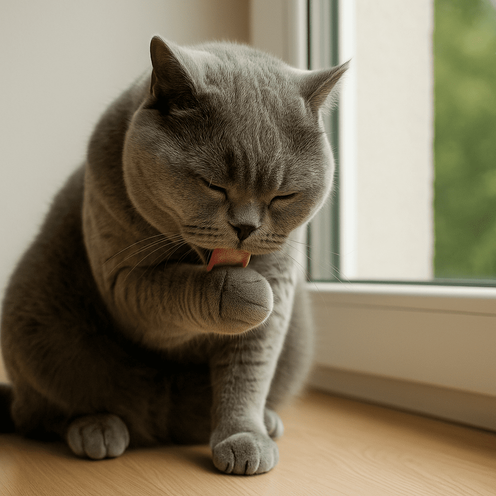 Top 8 Low-Maintenance Cat Breeds for Calm Home Life
British Shorthair cat calmly grooming itself, highlighting low-maintenance care.