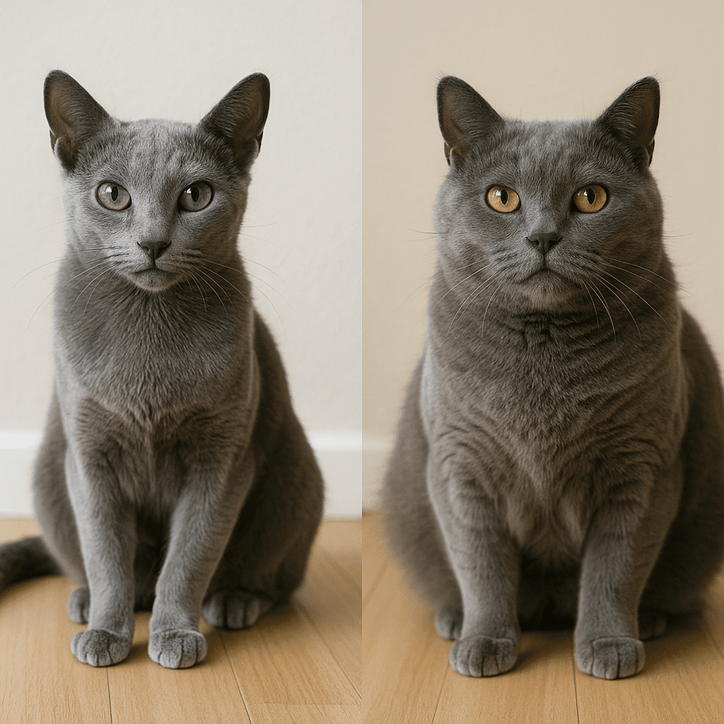 Top 8 Low-Maintenance Cat Breeds
Russian Blue and Chartreux cats sitting side by side, showing calm temperament and low grooming needs.