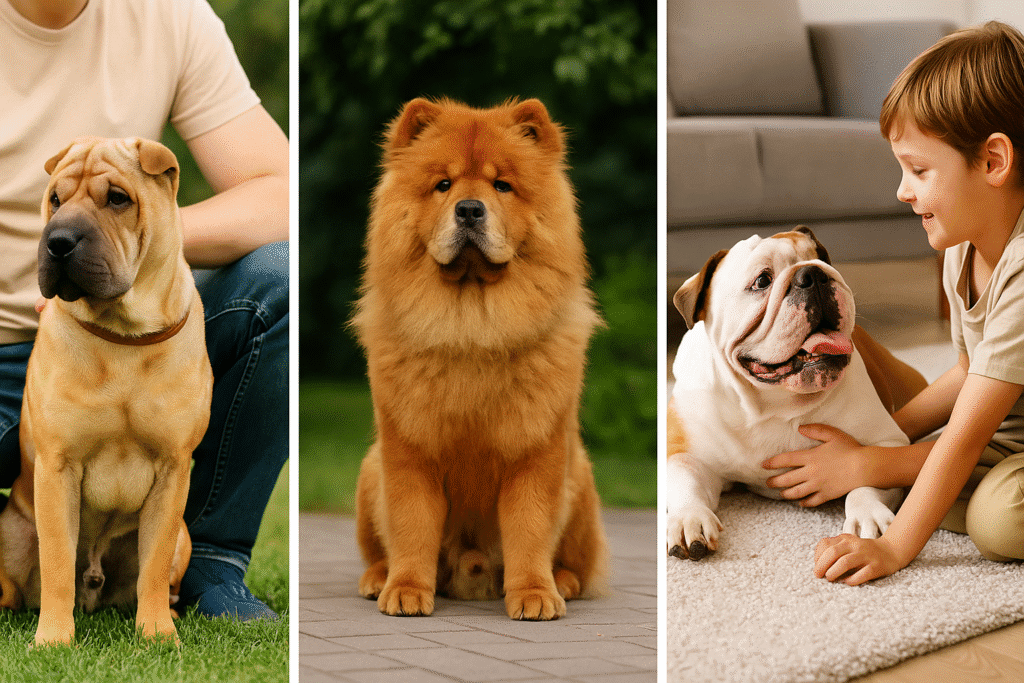 Shar Pei vs Chow Chow vs Bulldog
Shar Pei showing protective stance, Chow Chow calm and aloof, Bulldog playful with child, symbolizing temperament differences.