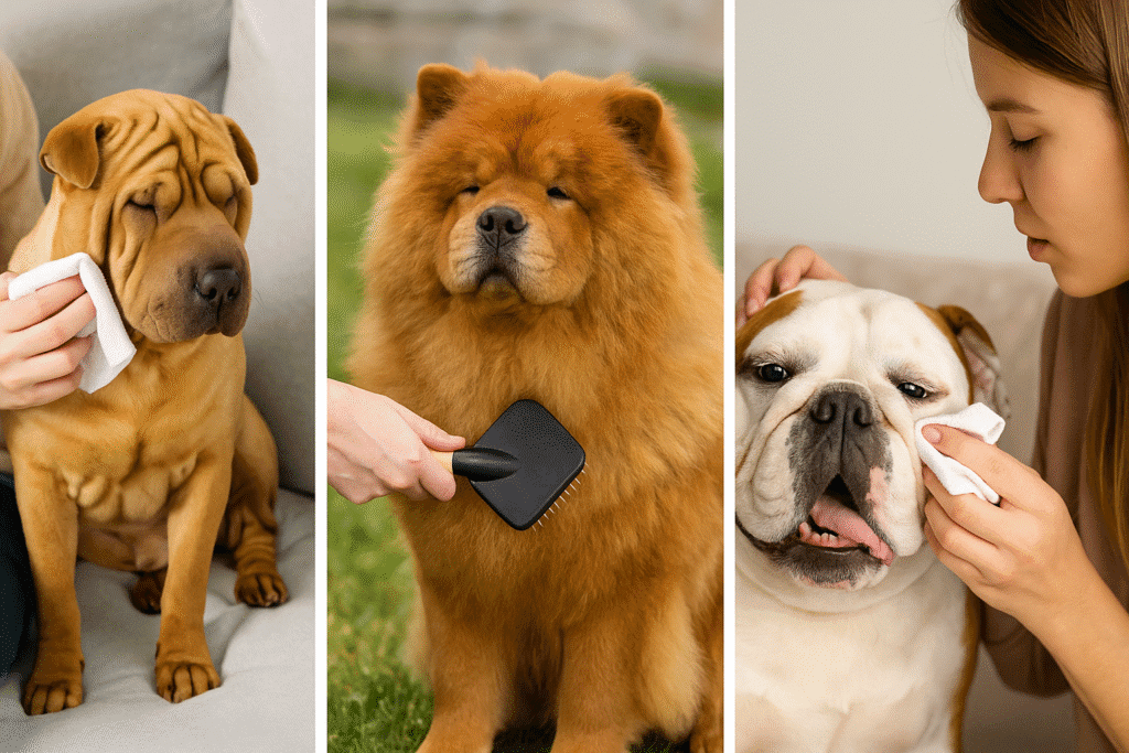 Shar Pei vs Chow Chow vs Bulldog
Owners grooming Shar Pei, Chow Chow, and Bulldog, highlighting wrinkle care and coat maintenance.