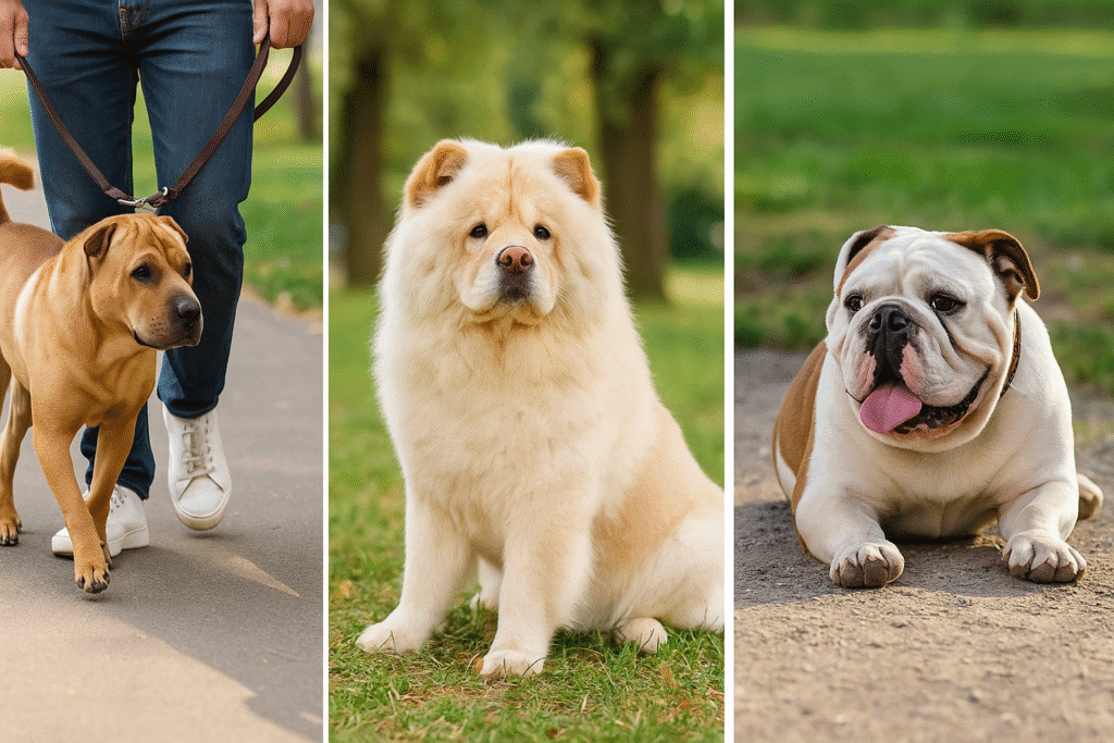Shar Pei vs Chow Chow
Shar Pei walking with owner, Chow Chow calmly strolling, Bulldog resting after short walk, symbolizing exercise needs.