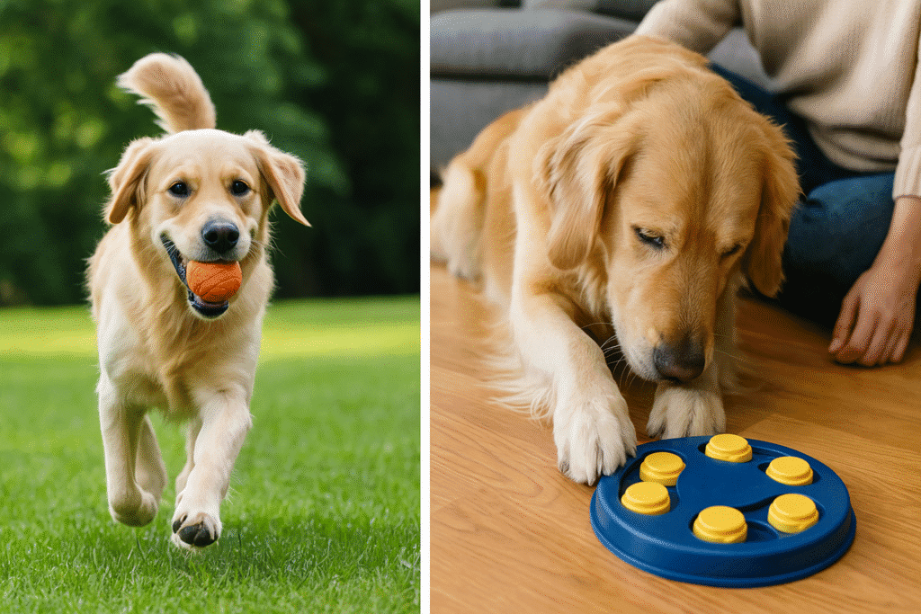 Top 5 Natural Remedies for Dog Anxiety
Dog playing fetch and using puzzle toy, symbolizing exercise and mental stimulation for anxiety relief.
