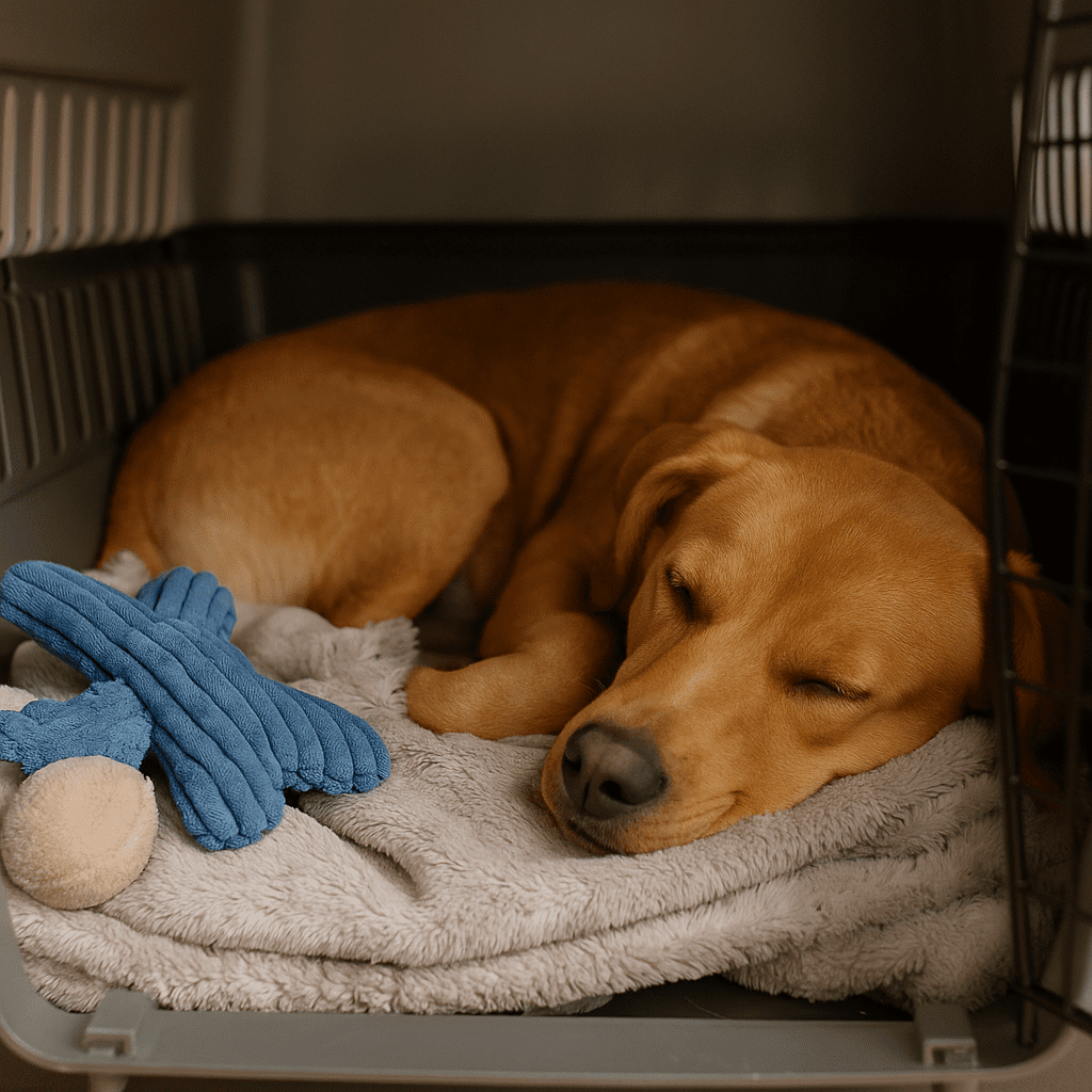 Top 5 Natural Remedies for Dog Anxiety
Dog resting in cozy crate with toys, symbolizing safe space for comfort and reduced anxiety.