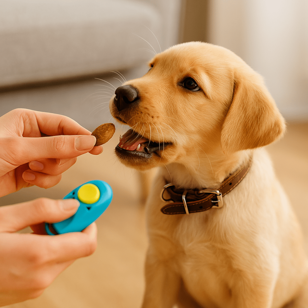 10 Puppy Training Tools
Puppy receiving treat after clicker sound, showing positive reinforcement in training.