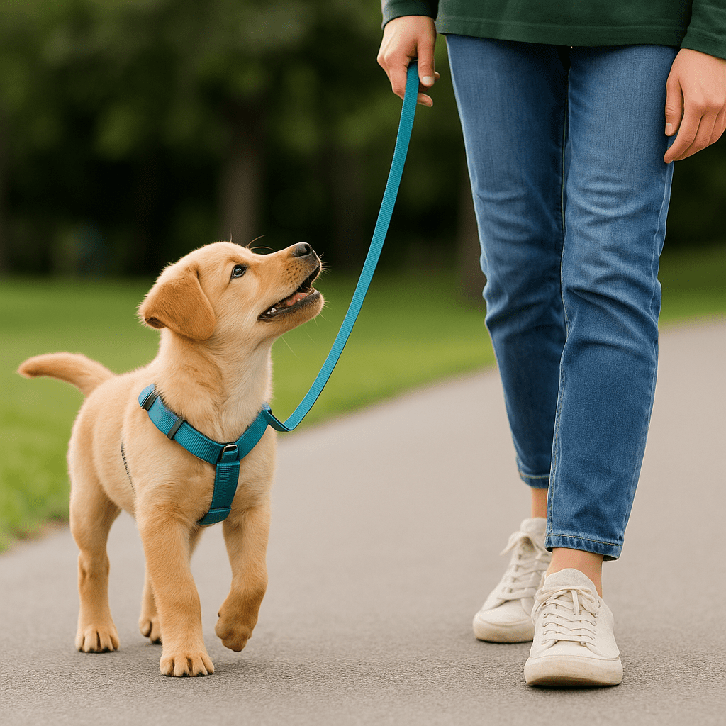 10 Puppy Training Tools
Puppy wearing harness during leash training, emphasizing comfort and control.