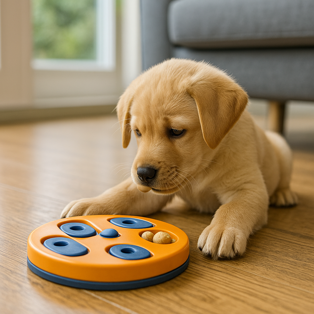 10 Puppy Training Tools
Puppy engaging with puzzle toy for training and mental stimulation.