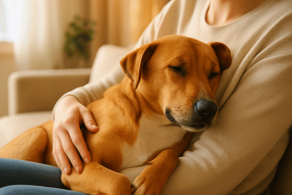 Rescued dog resting in loving arms, symbolizing hope, healing, and second chances.