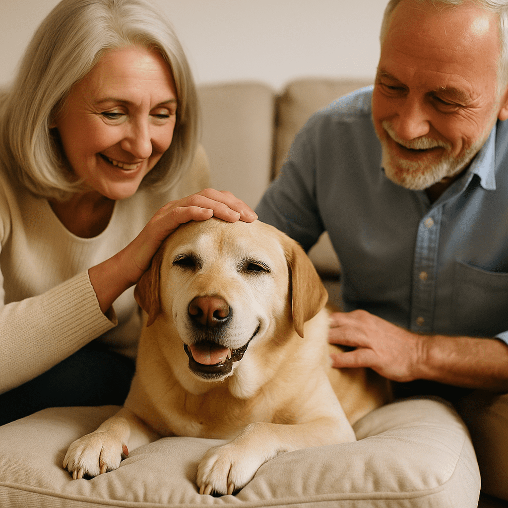 Top Rescue Dog Transformations
Senior rescue dog relaxing on soft bed with elderly couple, symbolizing comfort and love.