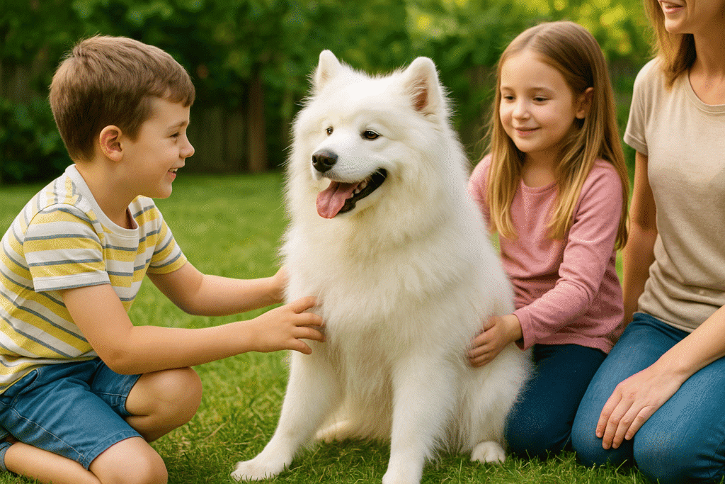 Samoyed Dog Care Guide
Samoyed dog playing with children, highlighting affectionate and loyal personality.