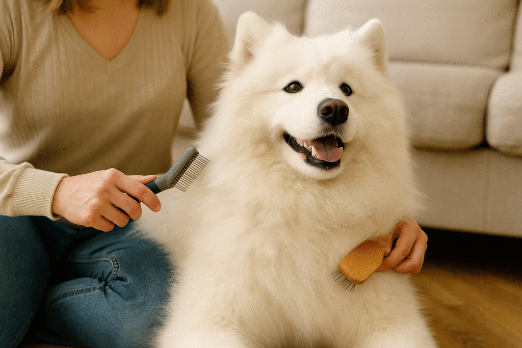 Samoyed Dog Care Guide
Owner brushing Samoyed’s thick coat, showing essential grooming care.