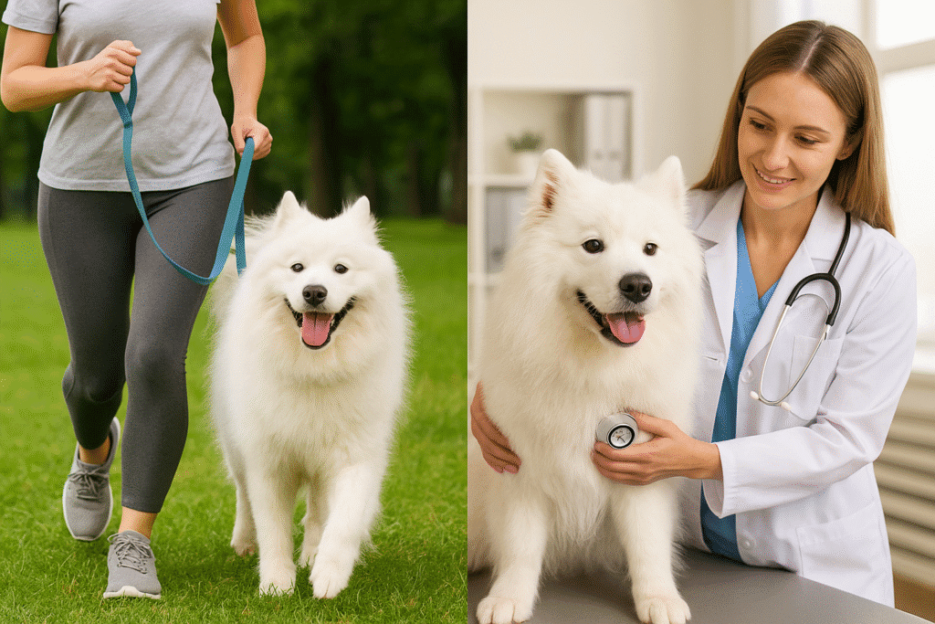 Samoyed Dog Care Guide
Samoyed exercising outdoors and visiting vet, symbolizing health and training needs.