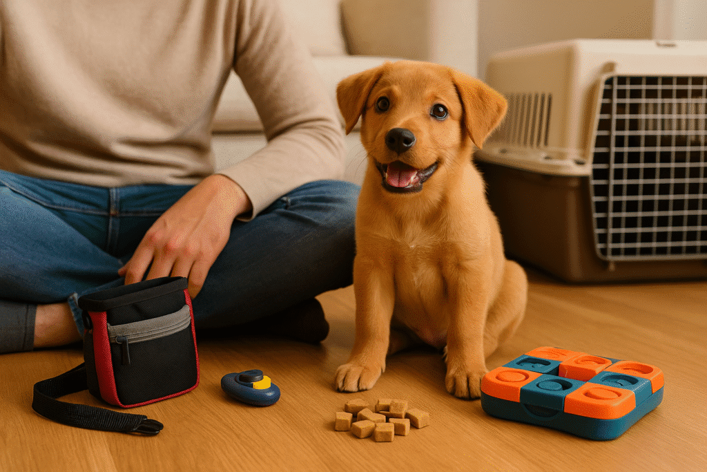 Puppy sitting beside training tools like clicker, treats, and crate, symbolizing effective puppy training essentials.
