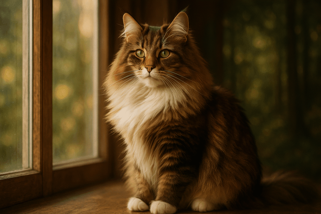 Norwegian Forest Cat sitting by a bright window, symbolizing beauty, strength, and companionship.